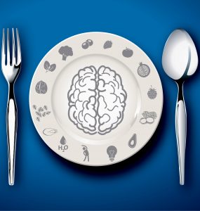 A plate with a picture of a brain on to represent linnk between brain and diet