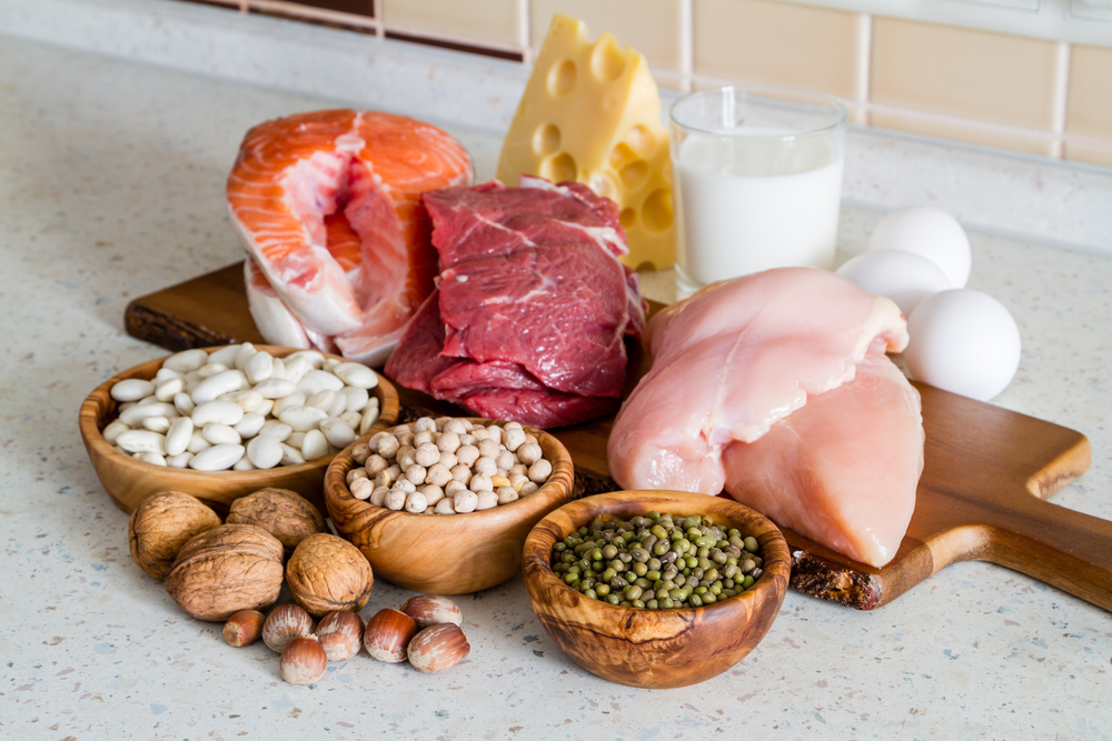 Meat and Vegetarian sources of protein on kitchen worktop