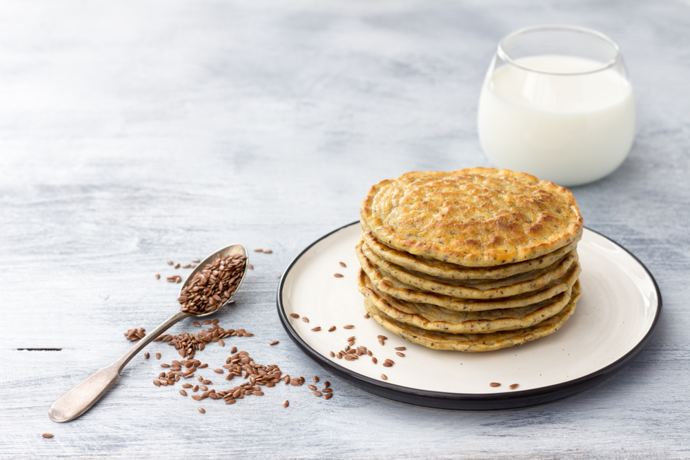 Vegan pancakes with plant milk and flax seeds